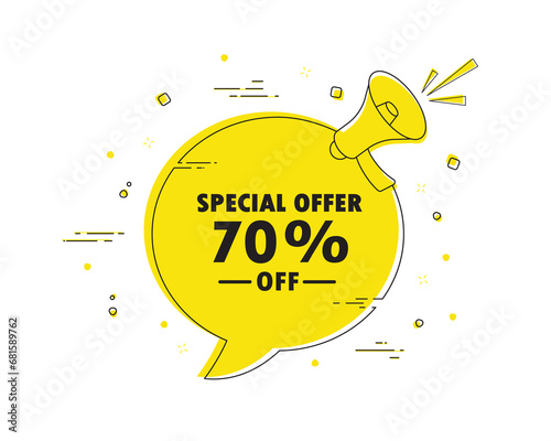 special offer 70% off. Megaphone chat bubble banner alert. Discount offer price sign. Special offer symbol.Discount tag dialog message loudspeaker. Vector illustration