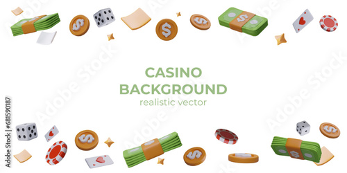 Color border for online casino on white background. Realistic vector set. Coins, banknotes, chips, dice, cards. Creative isolated dividers for web design