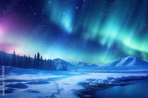  a snowy landscape with a river and a lot of green and purple aurora lights in the sky above the snow covered mountains and a body of water in the foreground. photo