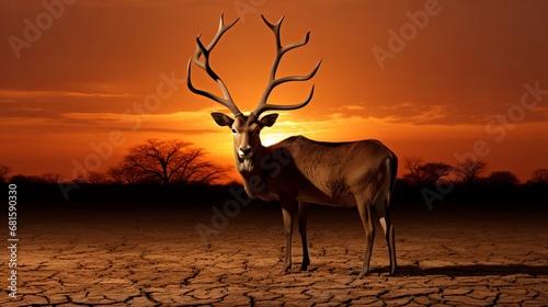 Deer in Sunset. Altered Climate and Drought-Stricken Landscape Near Dried-Up Lake