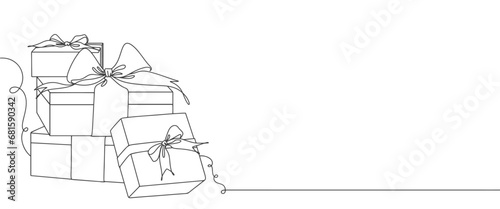 Out line drawing of gift box. Wrapped surprise package for christmas or birthday party .Party and celebration. Gift box line art outline vector illustration