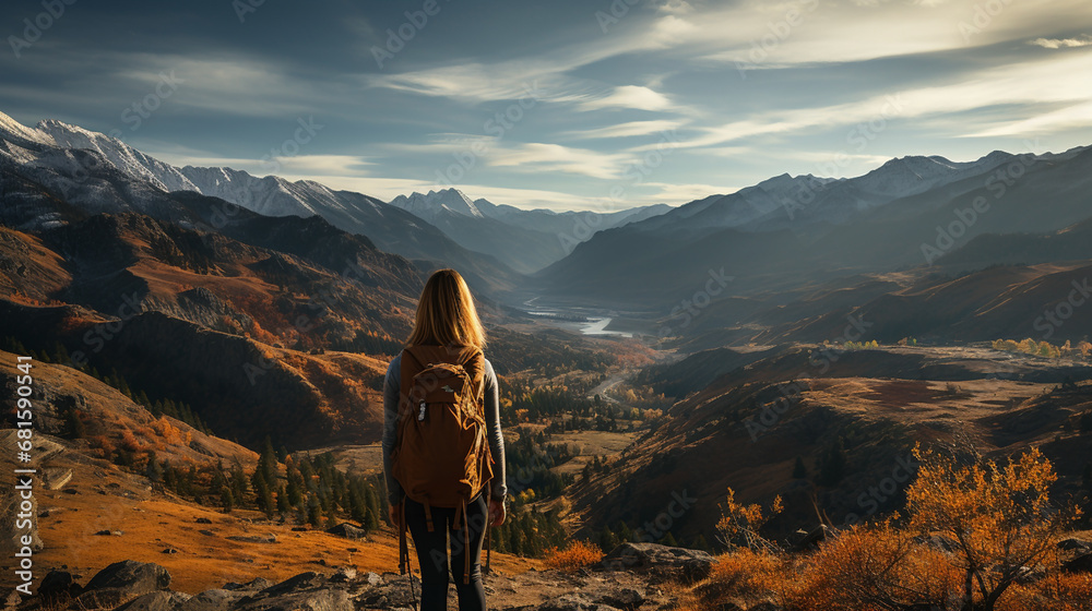 Traveler women with backpack at a mountain peak and looking at misty mountain valley landscape with cloudy morning sky sunset