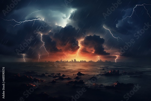  a painting of a storm over a body of water with a city in the distance and lightning in the sky over the water  with a lot of rocks in the foreground.