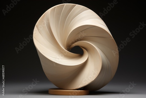  a sculpture of a spiral shaped object on a wooden base on a dark background with a light reflection on the surface of the object and the object in the foreground.