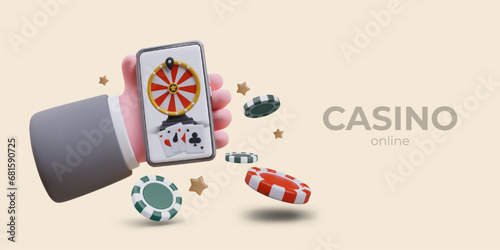 3D hand holding smartphone with wheel of fortune on screen. Concept of telephone gambling. Online casino. Poker chips, cards, place for text. Template on colored background