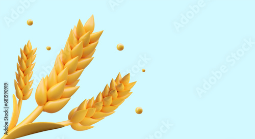 Yellow ears of wheat on blue background. Horizontal vector template for banner, header, billboard, flyer. Space for text, date, price, link button. Ads of natural organic products. Vegan concept