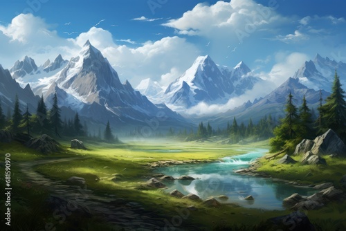 a painting of a mountain landscape with a river in the foreground and pine trees on the far side of the mountain, with a blue sky and white clouds in the background. © Shanti