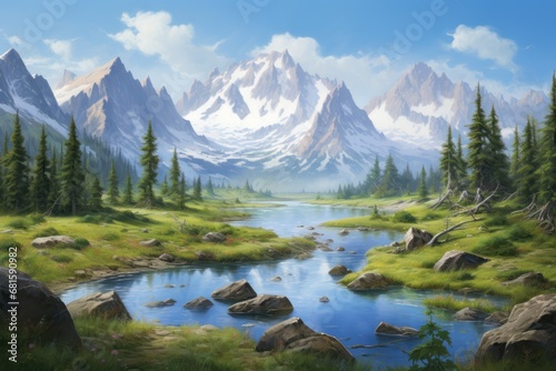  a painting of a mountain landscape with a river in the foreground and pine trees on the other side of the river, and a mountain range in the background.