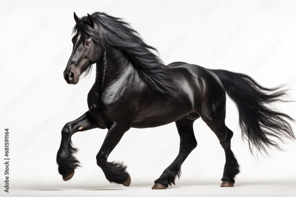 noble Friesian horse with shiny black coat galloping with waving tail, white background