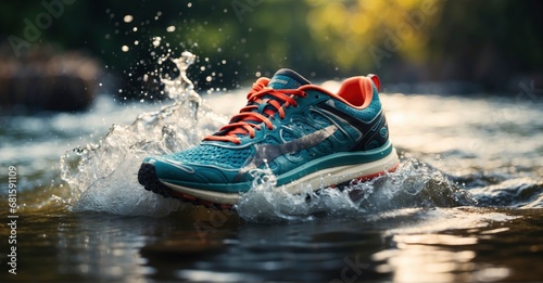 A visually appealing  capturing the elegance of a running shoe making a splash in the water, creating a beautiful and dynamic picture 50mm 4k resolution © Hashim