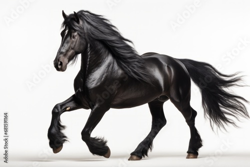 noble Friesian horse with shiny black coat galloping with waving tail  white background