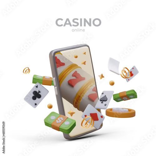 Poster with realistic mobile phone, flying banknotes, gold chips and playing cards. Placard with white background and place for text. Vector illustration in 3D style