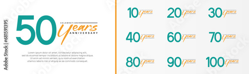 set of anniversary logo green color number and orange text on white background for celebration photo