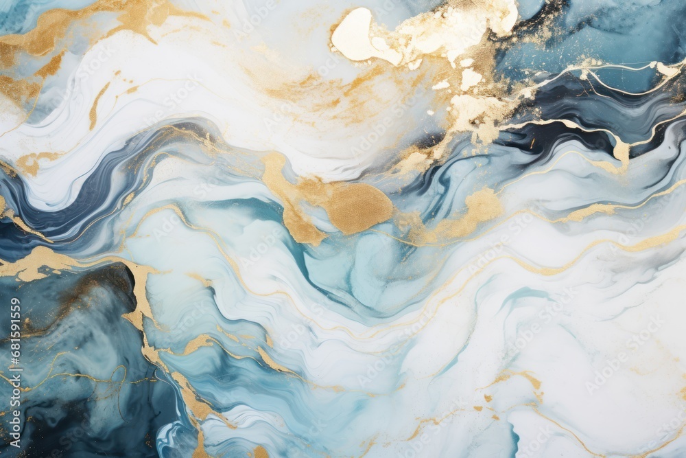 an abstract painting with gold, blue, and white swirls on a black and white marbled surface with a black and gold design on the bottom part of the top of the image. an abstract painting with gold, blue, and white swirls on a black and white marbled surface with a black and gold design on the bottom part of the top of the image.