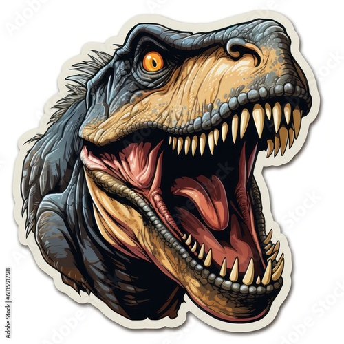Dinosaur head with open mouth. Dinosaur  Tyrannosaurus rex with powerful jaws open  ferocious might of the t-rex. T-rex Sticker. Sticker. Logotype.