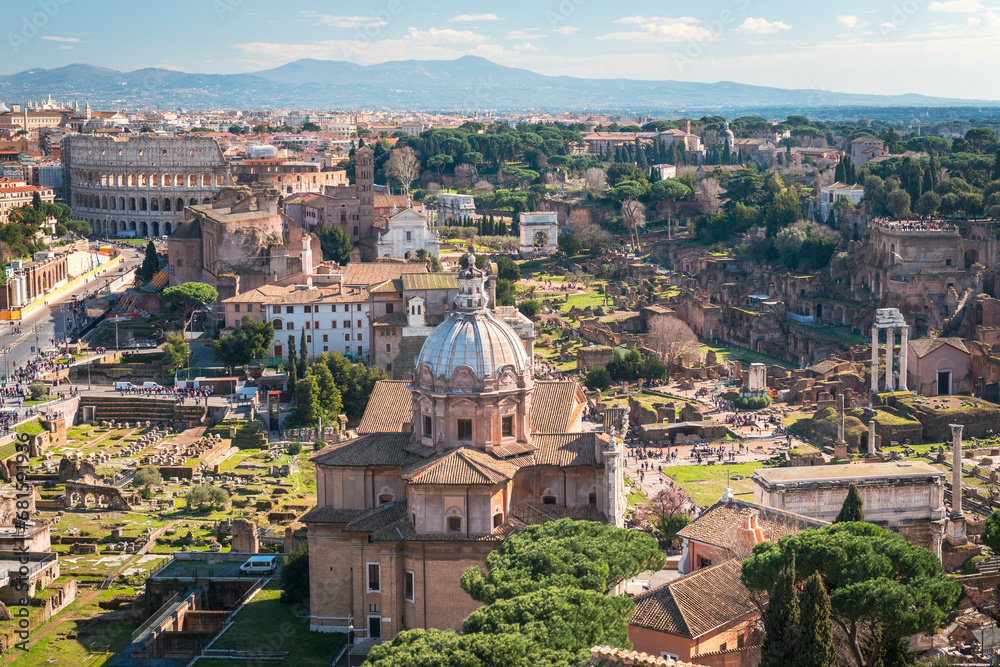 Rome's Cityscape with a Stunning View of the Forum Romanum and Colosseum