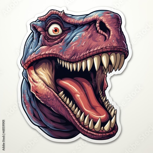 Tyrannosaurus rex dinosaur head sticker. Dinosaur  Tyrannosaurus rex with powerful jaws open  ferocious might of the t-rex. T-rex Sticker. Sticker. Logotype.