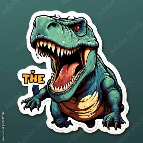 Dinosaur: Tyrannosaurus rex with powerful jaws open, ferocious might of the t-rex. T-rex Sticker. Sticker. Logotype. © John Martin