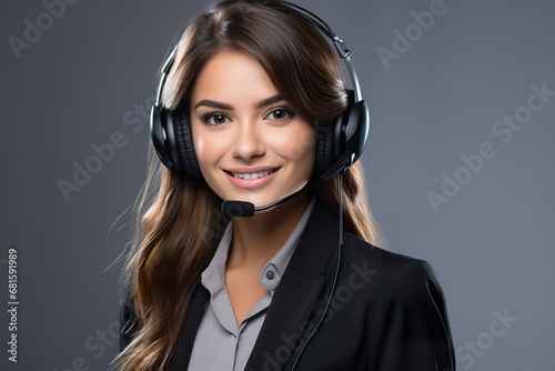 beautiful portrait photo in business style of a young women call center operator