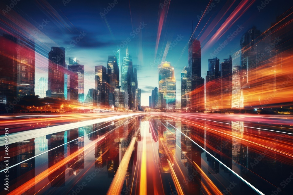  a picture of a city at night with a blurry image of the lights of the city in the foreground and the lights of the buildings in the background.