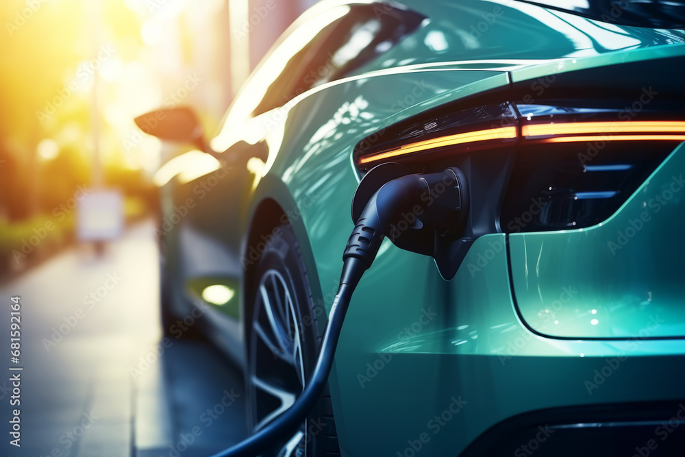 EV charging station for electric car in concept of green energy and eco power produced from sustainable source to supply to charger station in order to reduce CO2 emission. EV charging station for electric car in concept of green energy and eco power produced from sustainable source to supply to charger station in order to reduce CO2 emission.