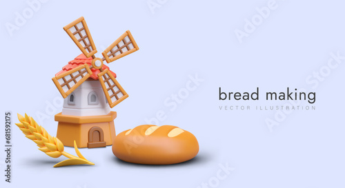 Poster with realistic loaf, yellow wheat and windmill on purple background. Flour making and bread baking concept. Vector illustration in 3d style with place for text