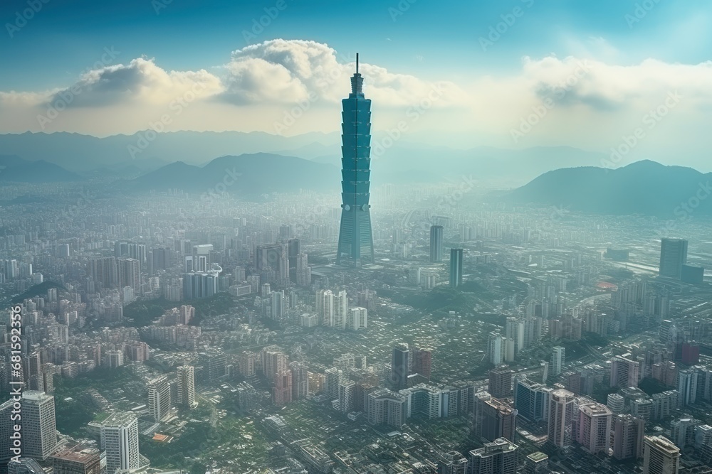  an aerial view of a city with a tall building in the middle of the middle of the city and mountains in the back ground, with clouds in the sky.