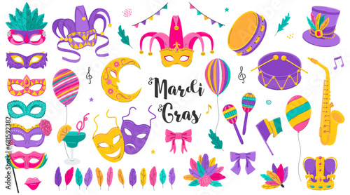 Mardi Gras carnival clipart. Brazilian festival design collection. Masks with feathers, joker, fleur de lis, drum, party decorations, comedy and tragedy. Vector isolated illustrations in flat style