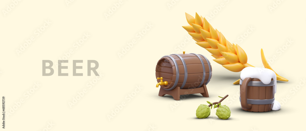 Placard for beer production company. Realistic cartoon 3d cup of drink, barrel of beer, wheat, and hop. Vector illustration in 3D style with place for text - obrazy, fototapety, plakaty 