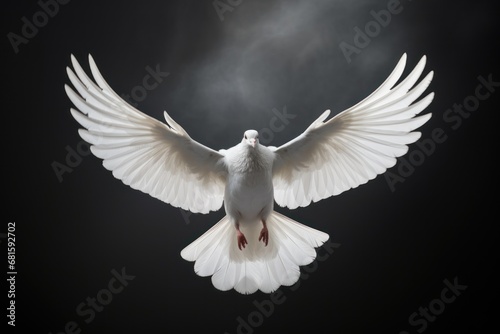  a white bird flying in the air with its wings wide open and it's head turned to the side with it's wings spread wide open and it's wings. © Shanti