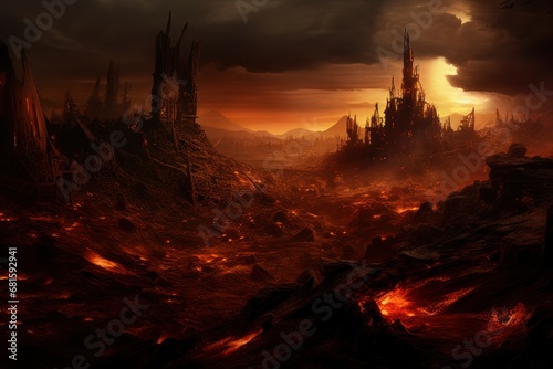  a painting of a city on fire in the middle of a mountain range with a sky filled with dark clouds and a sun setting in the middle of the sky.