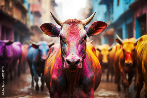 sacred cows of India walk on the street and people throw colorful paint on the cows to celebrate the festival of colors Holi photo