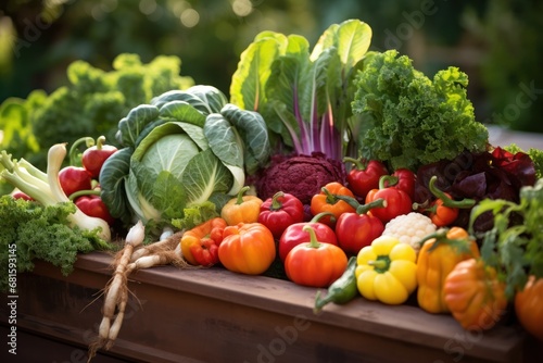  a close up of many different types of vegetables on a wooden table with green leaves and red  yellow  orange  yellow  and green leafy lettuce.