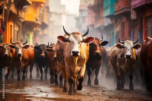 Indian cows walk along the street, celebrating the festival of colors and spring Holi, promotional photo for traveling to famous places photo