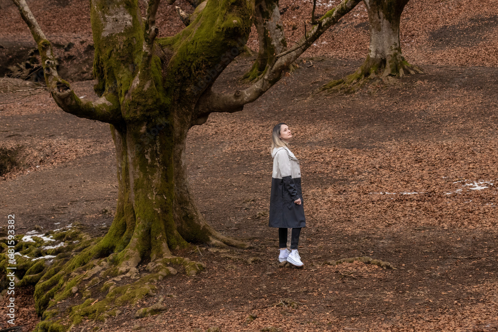 A woman in a white blouse and black skirt is standing in a forest, looking up at a large tree with gnarled roots