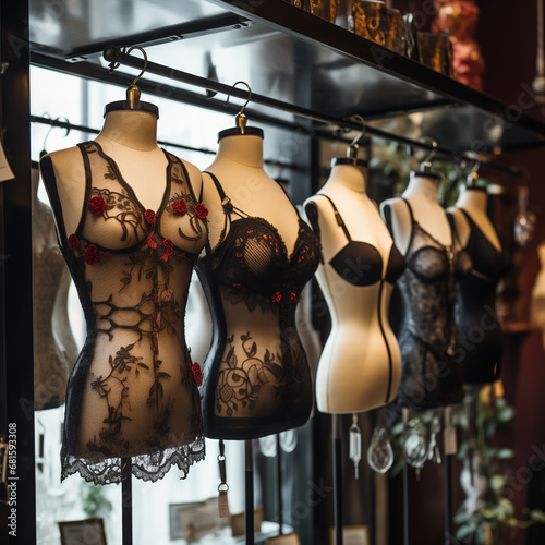Row of mannequins wearing sexy underwear in a lingerie boutique. Black lace chemise on a dummy in an undergarment store. AI-generated photo