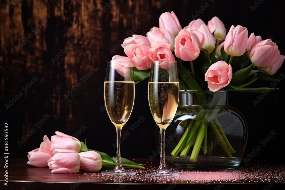  a vase filled with pink tulips next to a couple of wine glasses and a vase filled with pink tulips next to a couple of wine glasses.