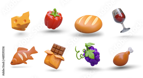 Collection with different healthy natural products. Round loaf, fish and chicken meat, fruits and vegetables. Foods and drinks. Vector illustration in 3d style