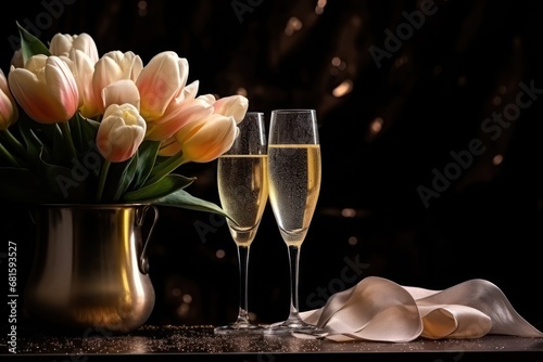  two glasses of champagne and a vase of tulips on a table with a cloth on the side of the glass and a vase with tulips of tulips in the background.