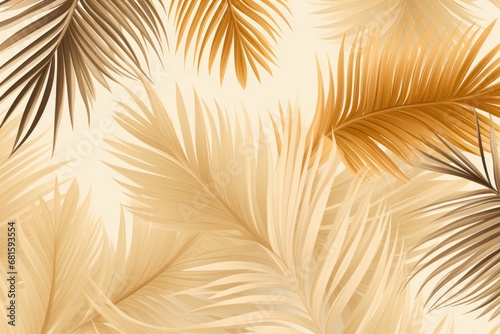  a close up of a wallpaper with a pattern of palm leaves in shades of yellow and brown on a beige background with a black outline on the left side of the wall.