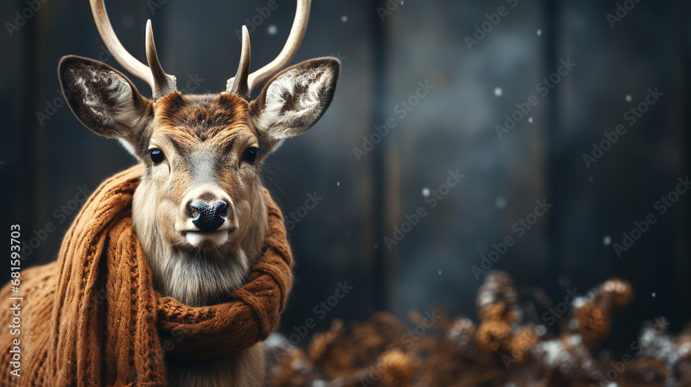 Reindeer with brown scarf. Reindeer with Christmas and snowy background. Banner with background with copy space for Christmas cards and advertisements. Animal. Santa Claus reindeer. Deer.