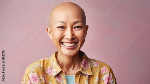 Joyful cancer survivor in pastel clothes strikes a pose in a serene studio environment. photo