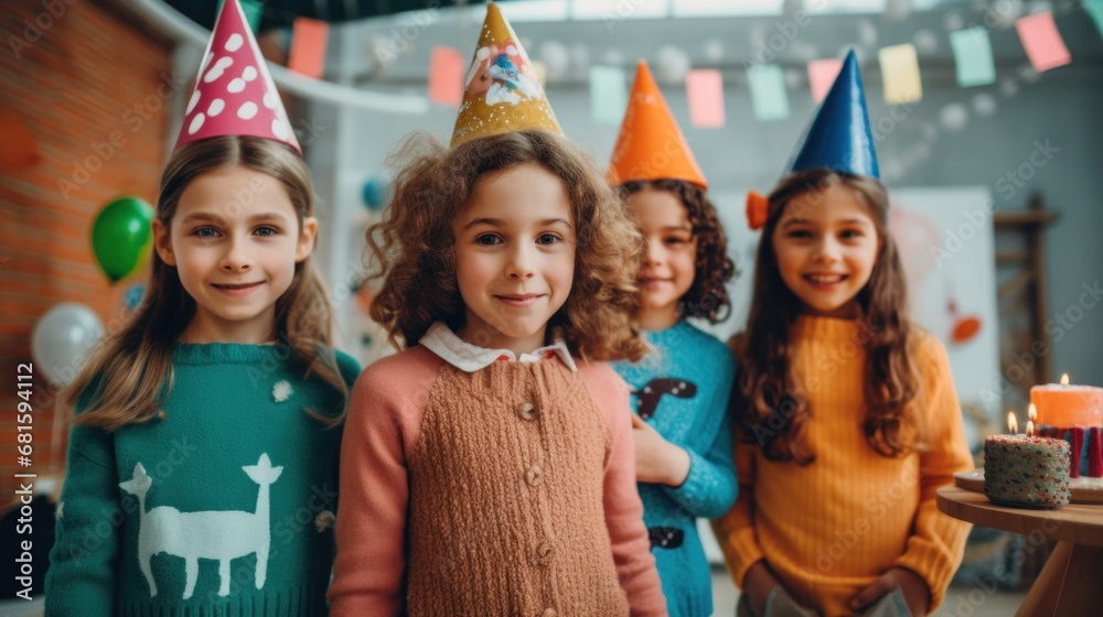 Fototapeta premium A cheerful group of kids marks the occasion with a joyous birthday celebration.