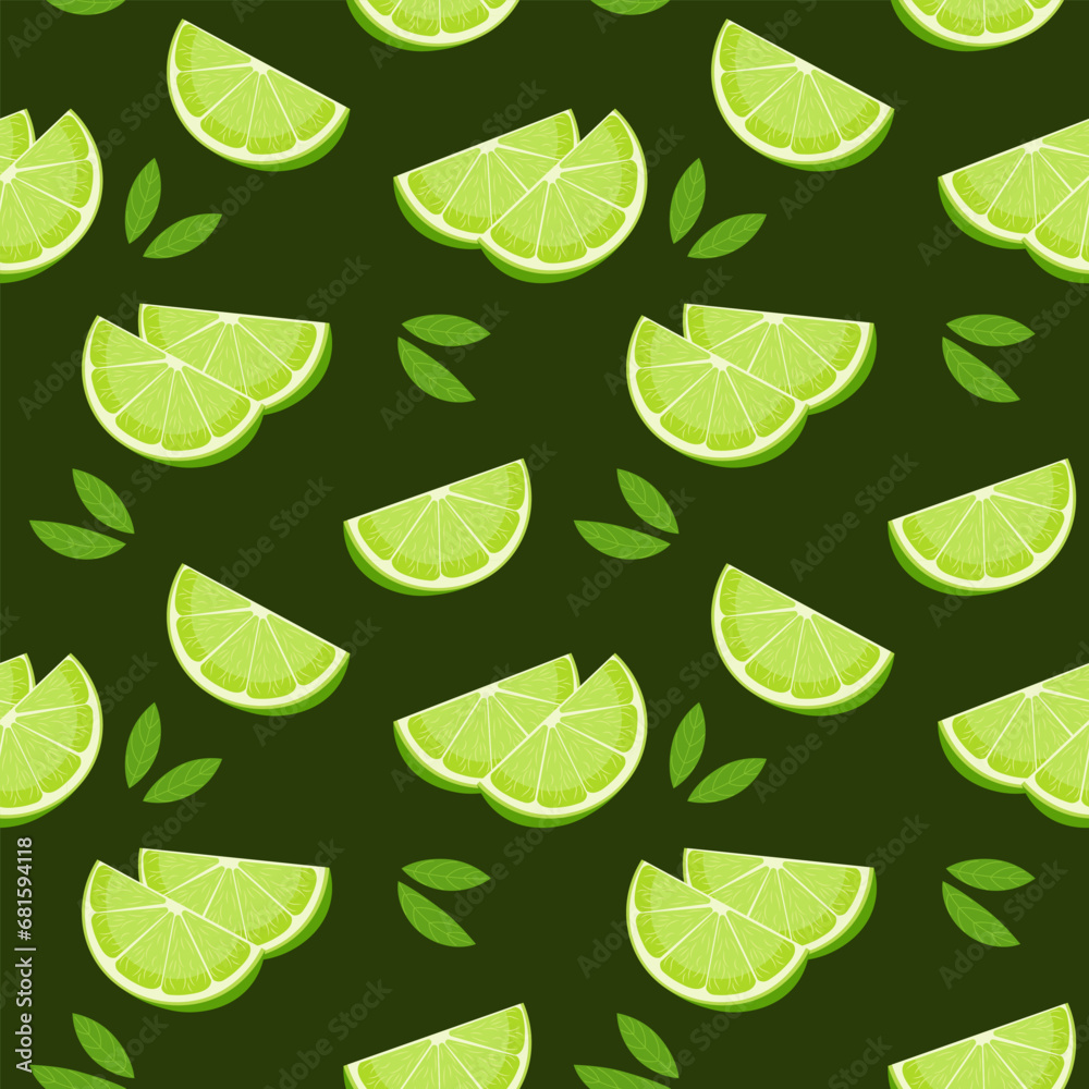 Seamless pattern, colorful limes, slices and leaves on a green background. Fruit background, print, textile, vector