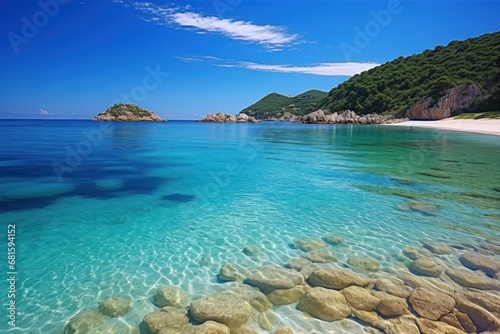  a body of water with rocks in the water and a mountain in the distance with a blue sky and some clouds in the sky and a few white clouds in the water.