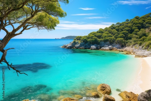  a view of a beach with clear blue water and a tree in the foreground and a blue sky with white clouds and some green trees in the foreground. © Shanti