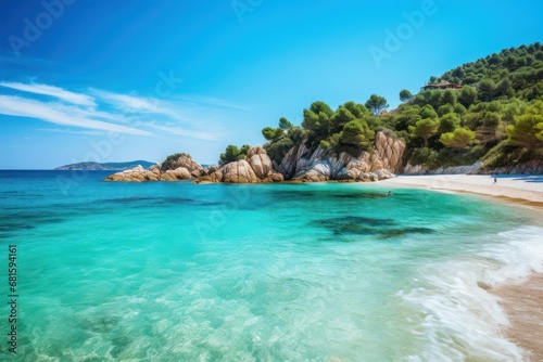  a sandy beach with clear blue water and green trees on the side of the beach and a cliff on the other side of the beach and a clear blue sky. © Shanti