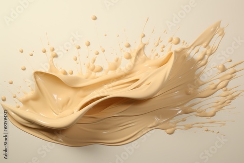  a close up of a milk splashing on a white surface with drops of milk coming out of the top of the splash and the bottom of the milk to the bottom of the image.