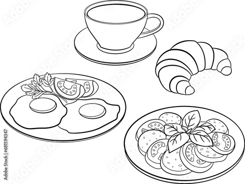 Set of Breakfast Dishes for Coloring. Vector Illustration of Coffee with Croissant, Scrambled Eggs with Tomato and Caprese Salad. Menu Design