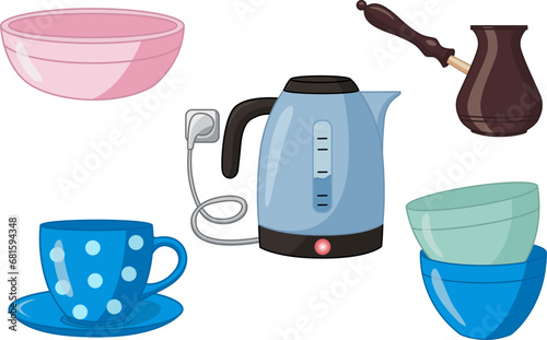 Set of Kitchen Utensils. Vector Illustration of Electric Kettle, Plates, Coffee Pot, and Cup and Saucer